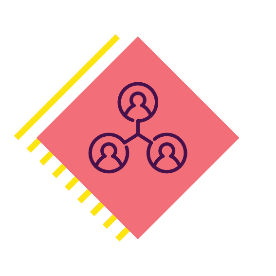 three outlined persons in separate floating bubbles connected in the middle