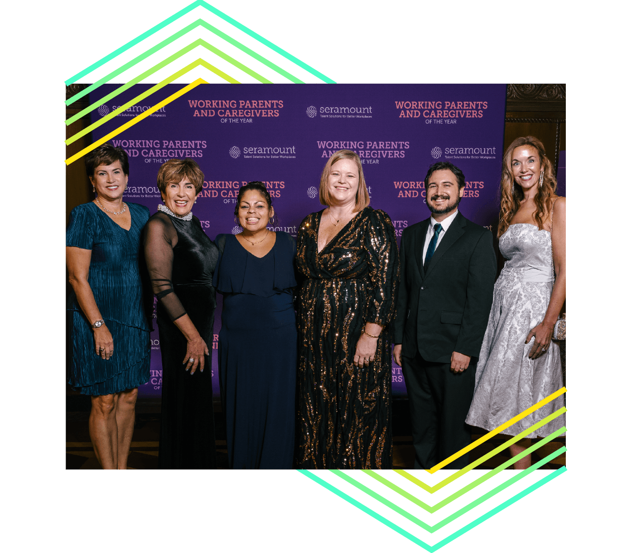 6 people standing in front of Seramount branded dark purple backdrop